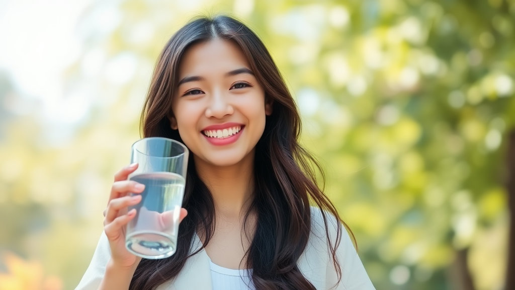 사람이 물을 마시며 환하게 웃는